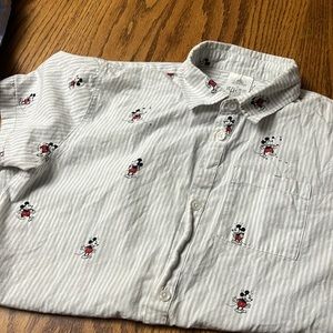 Short sleeved boys blue and white striped shirt with Mickey Mouse